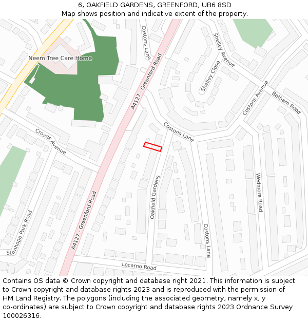 6, OAKFIELD GARDENS, GREENFORD, UB6 8SD: Location map and indicative extent of plot