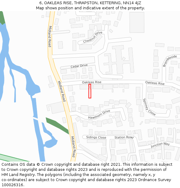 6, OAKLEAS RISE, THRAPSTON, KETTERING, NN14 4JZ: Location map and indicative extent of plot