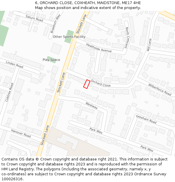 6, ORCHARD CLOSE, COXHEATH, MAIDSTONE, ME17 4HE: Location map and indicative extent of plot