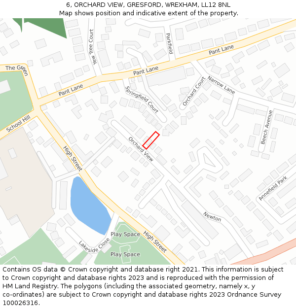 6, ORCHARD VIEW, GRESFORD, WREXHAM, LL12 8NL: Location map and indicative extent of plot
