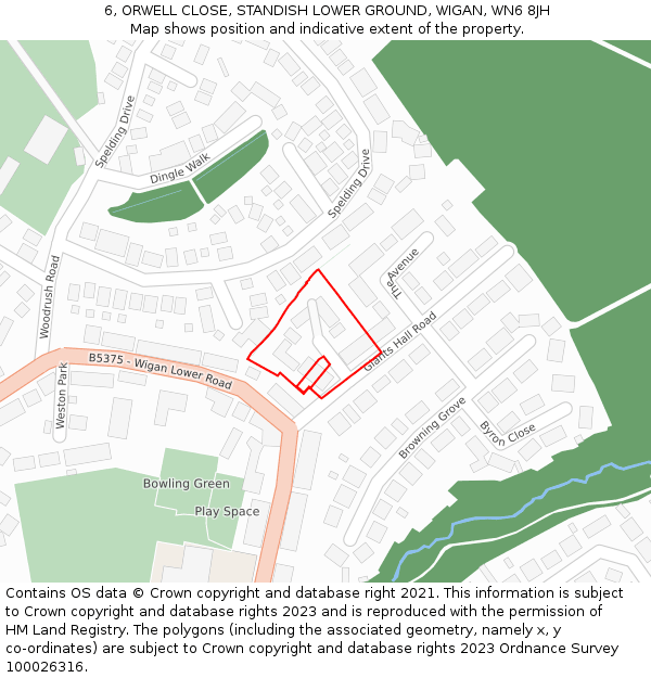 6, ORWELL CLOSE, STANDISH LOWER GROUND, WIGAN, WN6 8JH: Location map and indicative extent of plot