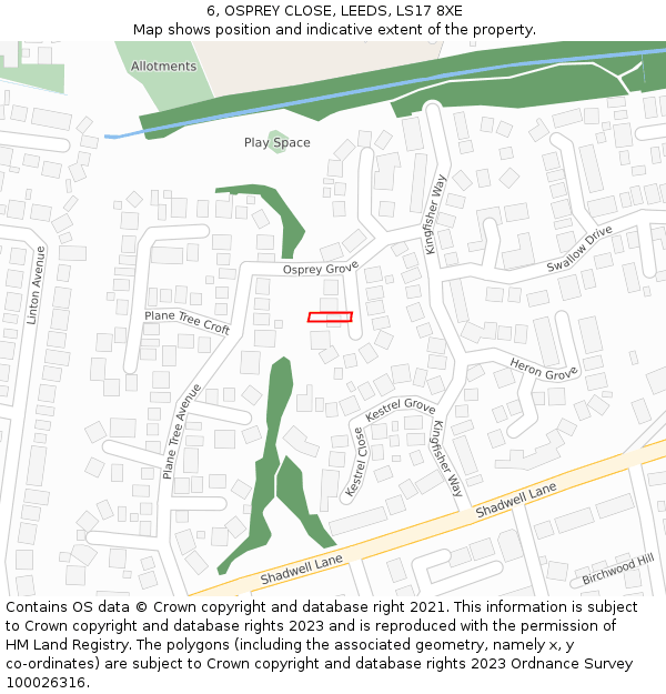 6, OSPREY CLOSE, LEEDS, LS17 8XE: Location map and indicative extent of plot