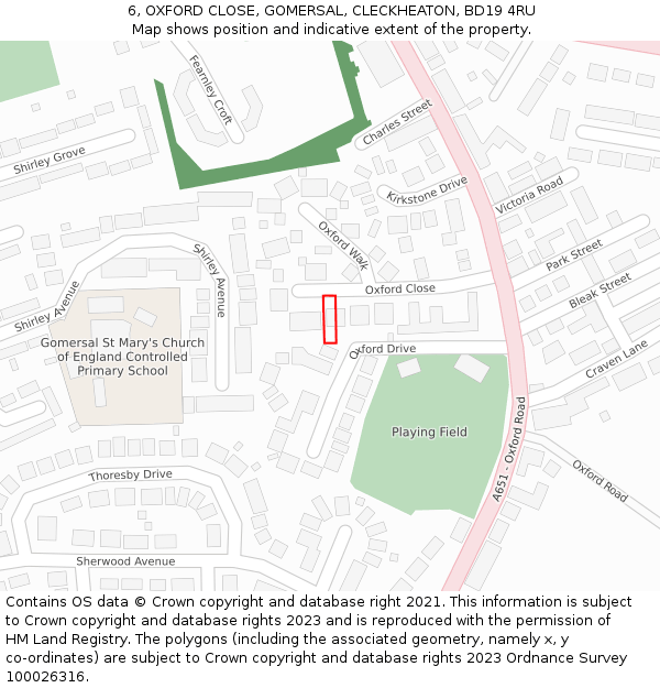 6, OXFORD CLOSE, GOMERSAL, CLECKHEATON, BD19 4RU: Location map and indicative extent of plot