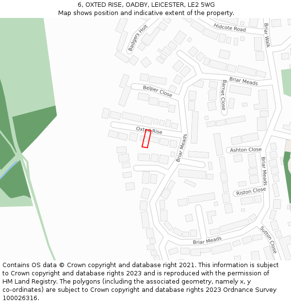 6, OXTED RISE, OADBY, LEICESTER, LE2 5WG: Location map and indicative extent of plot