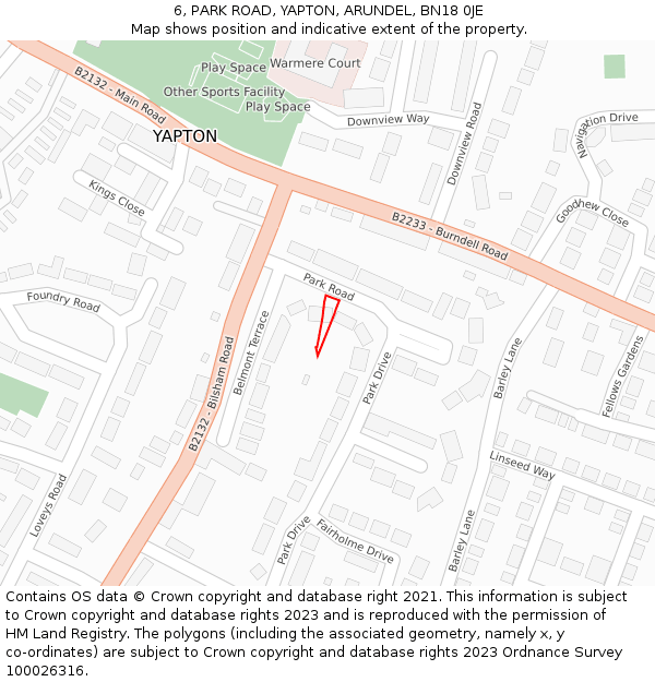 6, PARK ROAD, YAPTON, ARUNDEL, BN18 0JE: Location map and indicative extent of plot