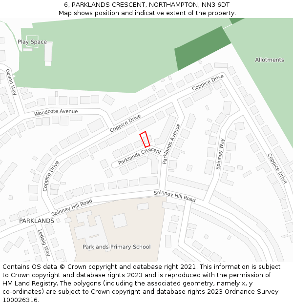 6, PARKLANDS CRESCENT, NORTHAMPTON, NN3 6DT: Location map and indicative extent of plot