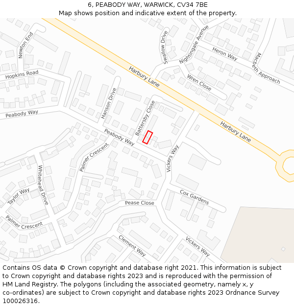 6, PEABODY WAY, WARWICK, CV34 7BE: Location map and indicative extent of plot