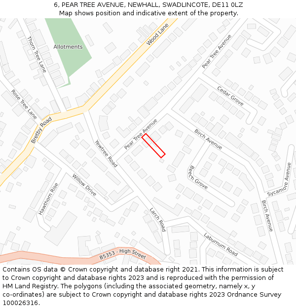 6, PEAR TREE AVENUE, NEWHALL, SWADLINCOTE, DE11 0LZ: Location map and indicative extent of plot