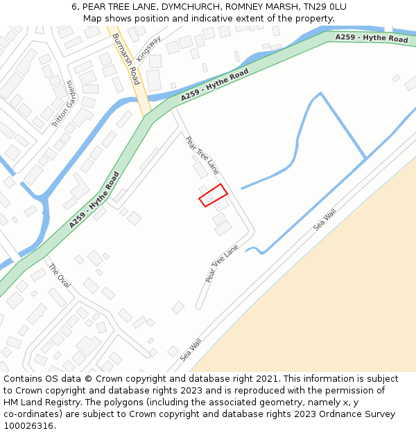 6, PEAR TREE LANE, DYMCHURCH, ROMNEY MARSH, TN29 0LU: Location map and indicative extent of plot