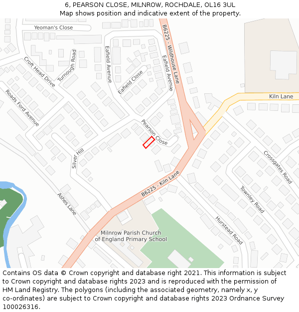6, PEARSON CLOSE, MILNROW, ROCHDALE, OL16 3UL: Location map and indicative extent of plot