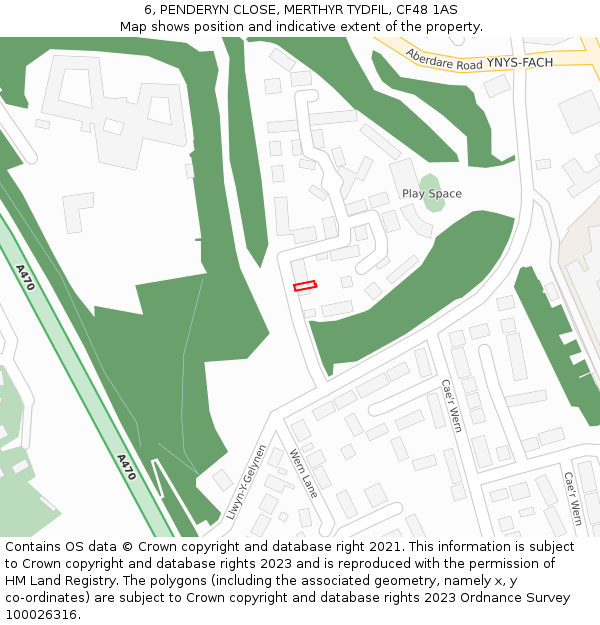 6, PENDERYN CLOSE, MERTHYR TYDFIL, CF48 1AS: Location map and indicative extent of plot