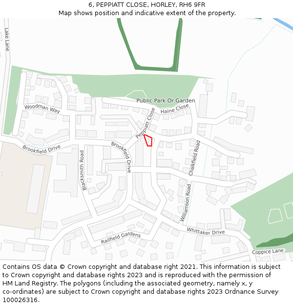 6, PEPPIATT CLOSE, HORLEY, RH6 9FR: Location map and indicative extent of plot