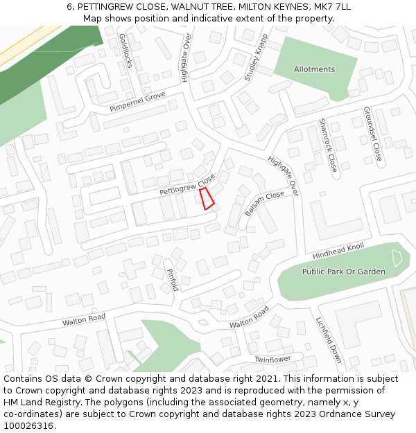 6, PETTINGREW CLOSE, WALNUT TREE, MILTON KEYNES, MK7 7LL: Location map and indicative extent of plot