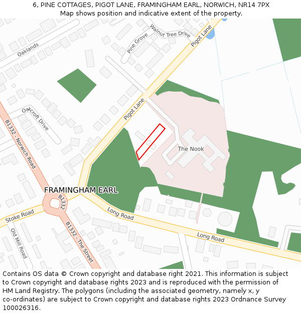 6, PINE COTTAGES, PIGOT LANE, FRAMINGHAM EARL, NORWICH, NR14 7PX: Location map and indicative extent of plot