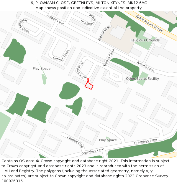 6, PLOWMAN CLOSE, GREENLEYS, MILTON KEYNES, MK12 6AG: Location map and indicative extent of plot