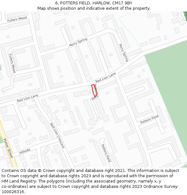 6, POTTERS FIELD, HARLOW, CM17 9BY: Location map and indicative extent of plot