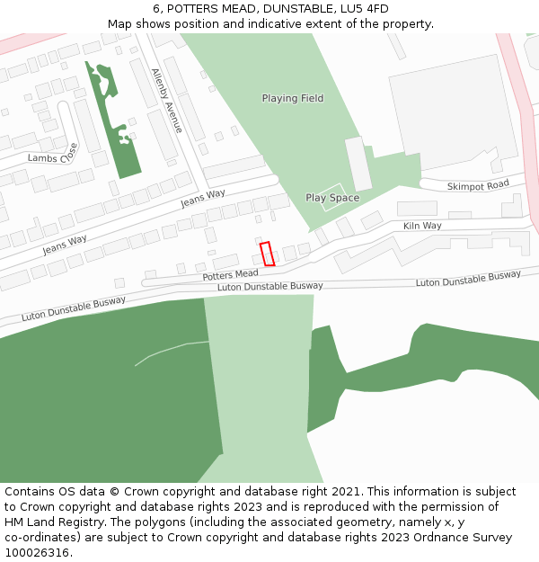 6, POTTERS MEAD, DUNSTABLE, LU5 4FD: Location map and indicative extent of plot
