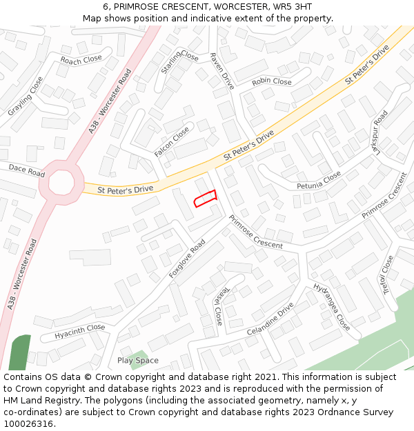 6, PRIMROSE CRESCENT, WORCESTER, WR5 3HT: Location map and indicative extent of plot