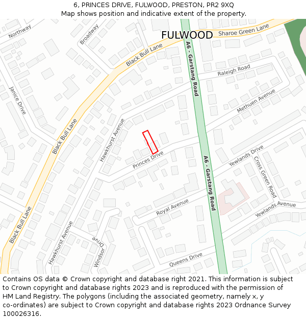 6, PRINCES DRIVE, FULWOOD, PRESTON, PR2 9XQ: Location map and indicative extent of plot