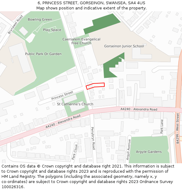 6, PRINCESS STREET, GORSEINON, SWANSEA, SA4 4US: Location map and indicative extent of plot