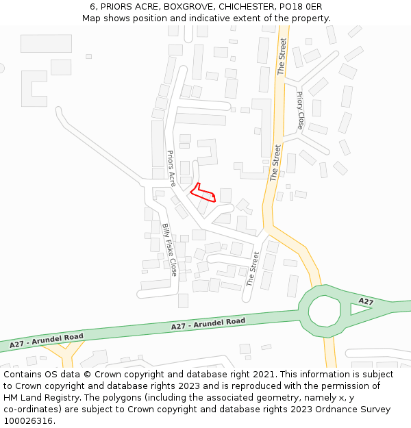 6, PRIORS ACRE, BOXGROVE, CHICHESTER, PO18 0ER: Location map and indicative extent of plot