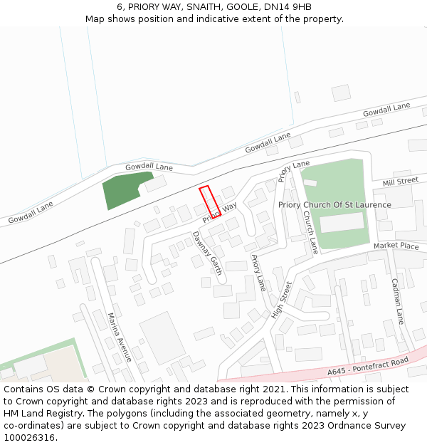 6, PRIORY WAY, SNAITH, GOOLE, DN14 9HB: Location map and indicative extent of plot