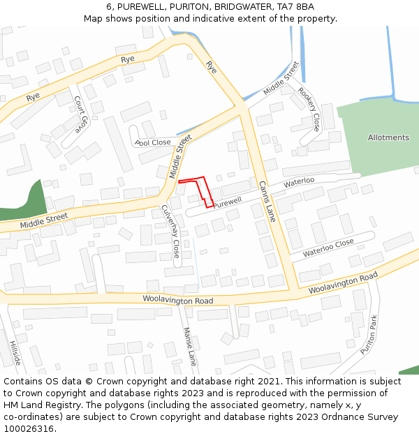 6, PUREWELL, PURITON, BRIDGWATER, TA7 8BA: Location map and indicative extent of plot