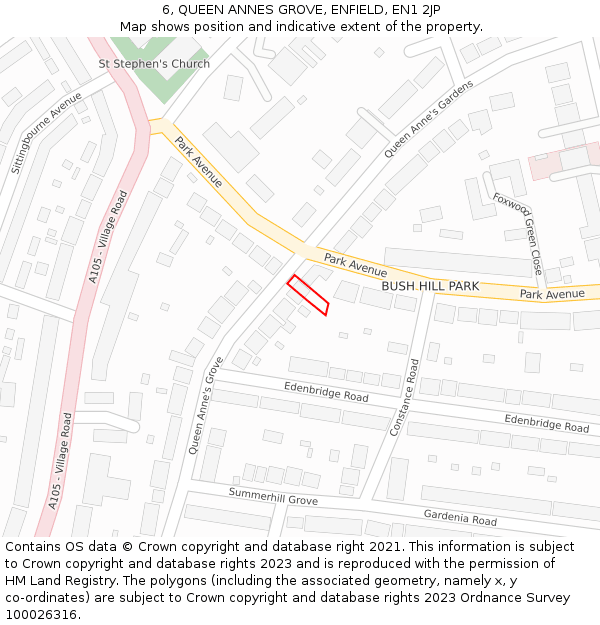 6, QUEEN ANNES GROVE, ENFIELD, EN1 2JP: Location map and indicative extent of plot