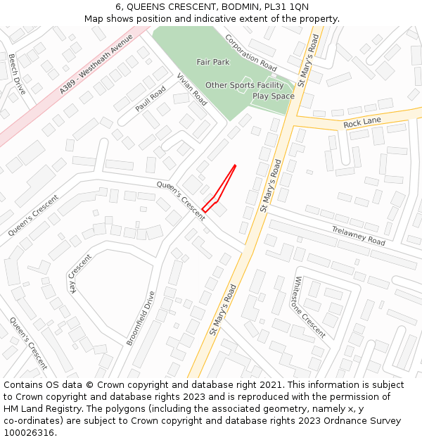 6, QUEENS CRESCENT, BODMIN, PL31 1QN: Location map and indicative extent of plot