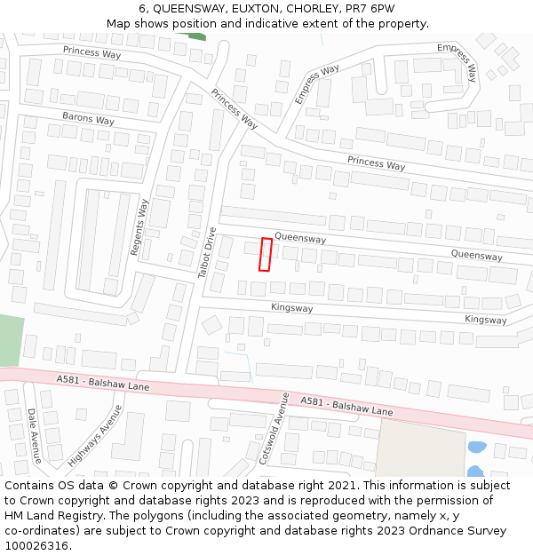 6, QUEENSWAY, EUXTON, CHORLEY, PR7 6PW: Location map and indicative extent of plot