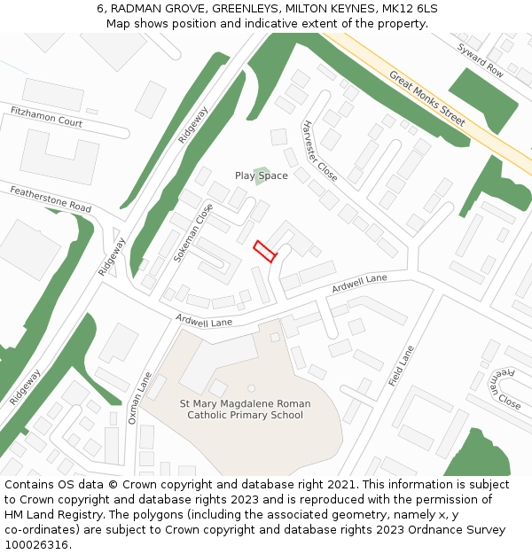 6, RADMAN GROVE, GREENLEYS, MILTON KEYNES, MK12 6LS: Location map and indicative extent of plot