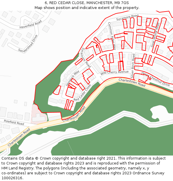 6, RED CEDAR CLOSE, MANCHESTER, M9 7GS: Location map and indicative extent of plot