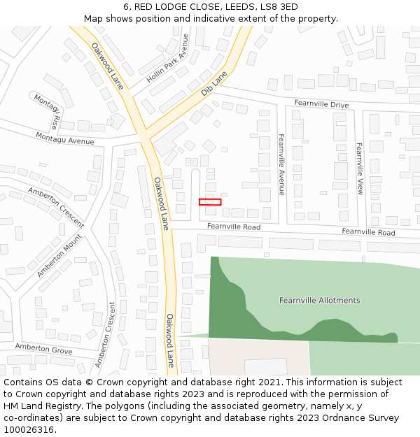 6, RED LODGE CLOSE, LEEDS, LS8 3ED: Location map and indicative extent of plot