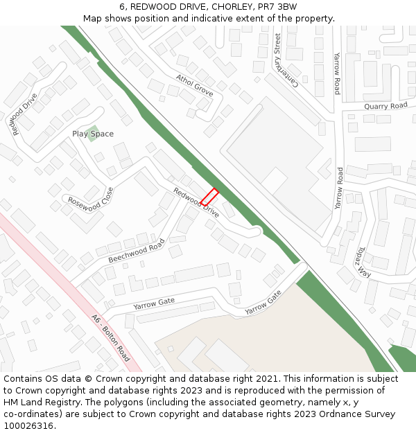 6, REDWOOD DRIVE, CHORLEY, PR7 3BW: Location map and indicative extent of plot