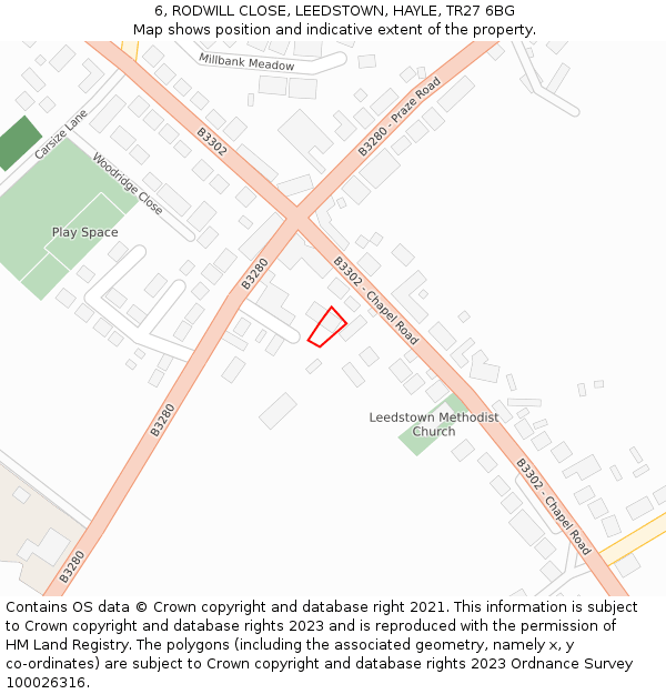 6, RODWILL CLOSE, LEEDSTOWN, HAYLE, TR27 6BG: Location map and indicative extent of plot