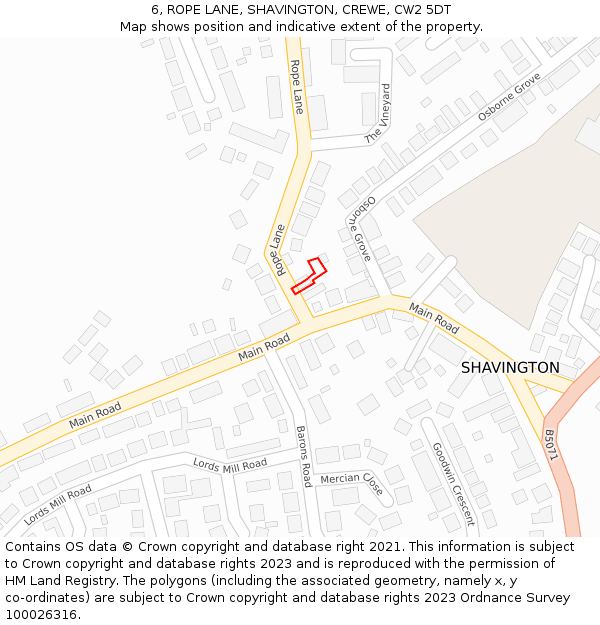 6, ROPE LANE, SHAVINGTON, CREWE, CW2 5DT: Location map and indicative extent of plot