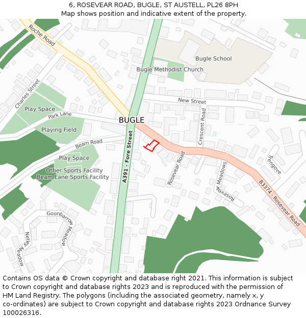 6, ROSEVEAR ROAD, BUGLE, ST AUSTELL, PL26 8PH: Location map and indicative extent of plot