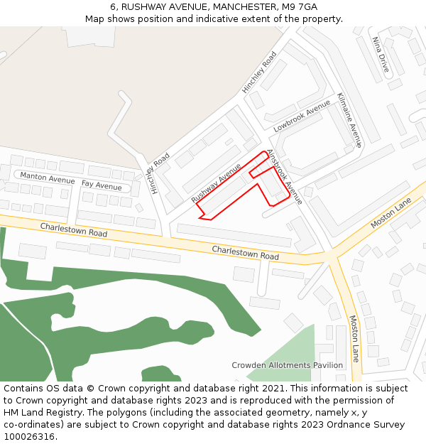 6, RUSHWAY AVENUE, MANCHESTER, M9 7GA: Location map and indicative extent of plot