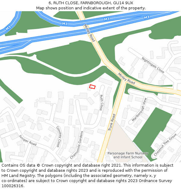 6, RUTH CLOSE, FARNBOROUGH, GU14 9UX: Location map and indicative extent of plot