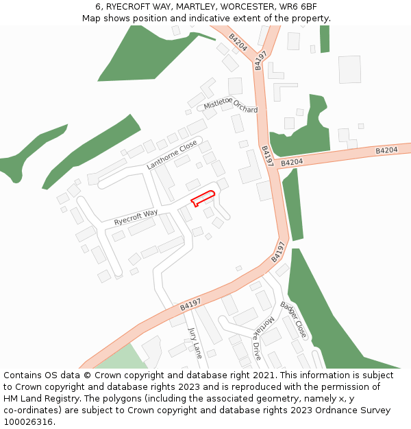 6, RYECROFT WAY, MARTLEY, WORCESTER, WR6 6BF: Location map and indicative extent of plot