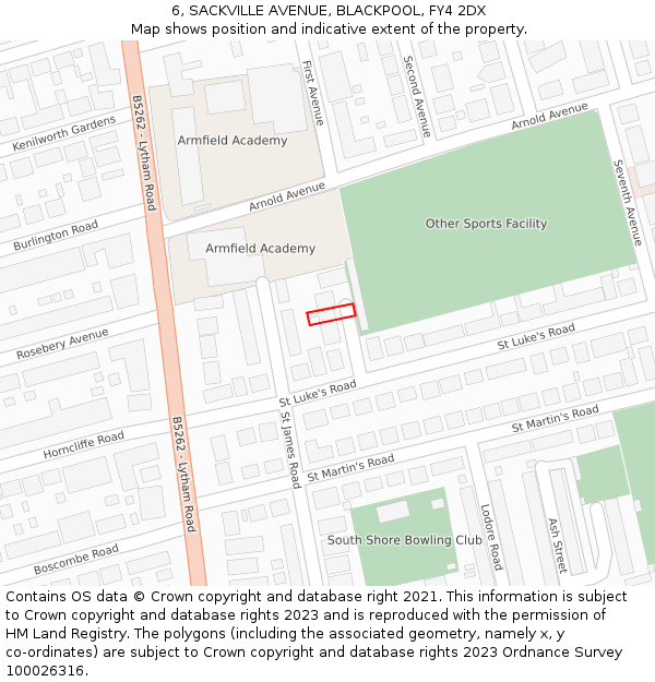 6, SACKVILLE AVENUE, BLACKPOOL, FY4 2DX: Location map and indicative extent of plot