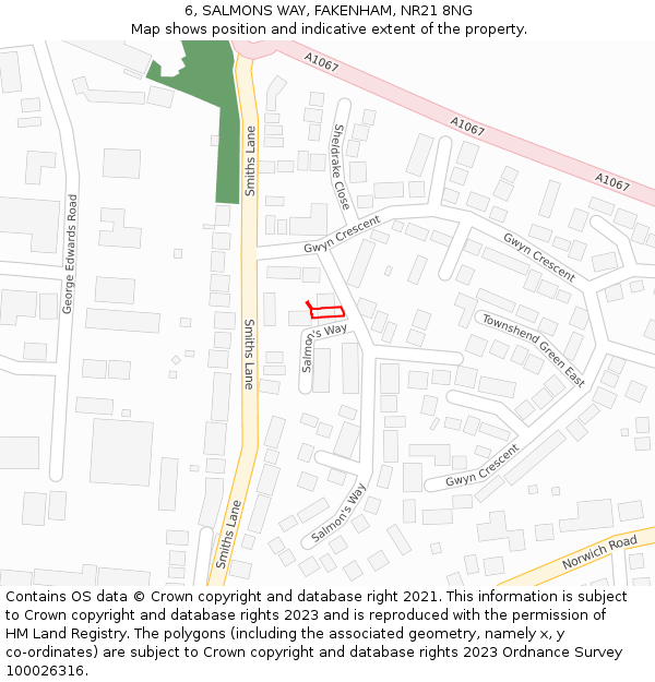 6, SALMONS WAY, FAKENHAM, NR21 8NG: Location map and indicative extent of plot