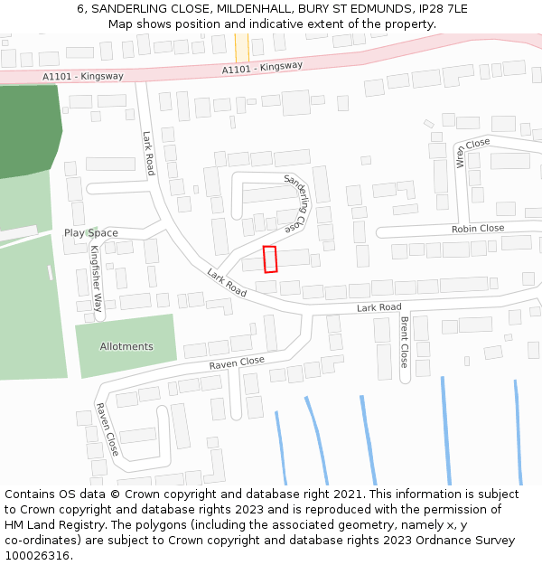 6, SANDERLING CLOSE, MILDENHALL, BURY ST EDMUNDS, IP28 7LE: Location map and indicative extent of plot