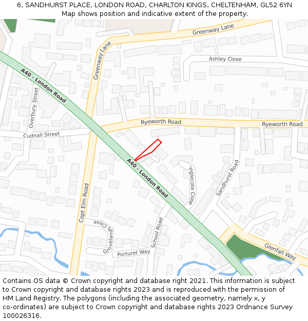 6, SANDHURST PLACE, LONDON ROAD, CHARLTON KINGS, CHELTENHAM, GL52 6YN: Location map and indicative extent of plot