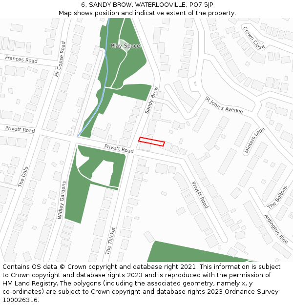 6, SANDY BROW, WATERLOOVILLE, PO7 5JP: Location map and indicative extent of plot