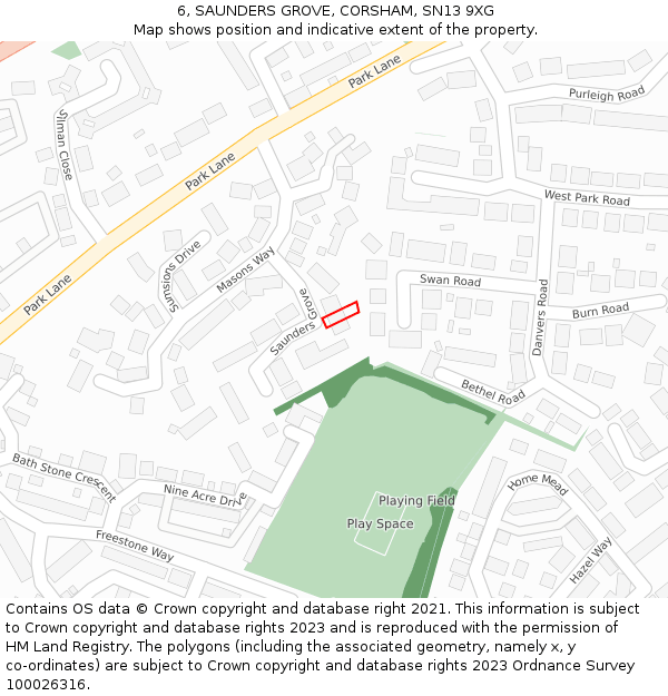 6, SAUNDERS GROVE, CORSHAM, SN13 9XG: Location map and indicative extent of plot