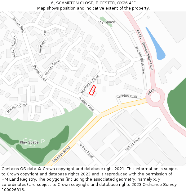 6, SCAMPTON CLOSE, BICESTER, OX26 4FF: Location map and indicative extent of plot