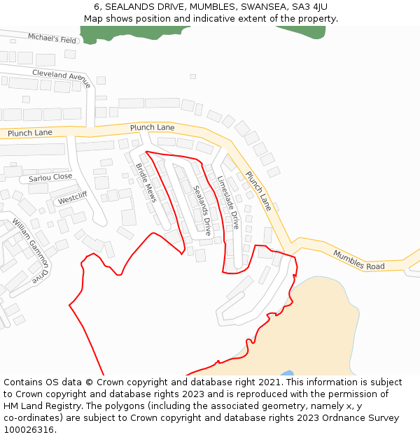 6, SEALANDS DRIVE, MUMBLES, SWANSEA, SA3 4JU: Location map and indicative extent of plot