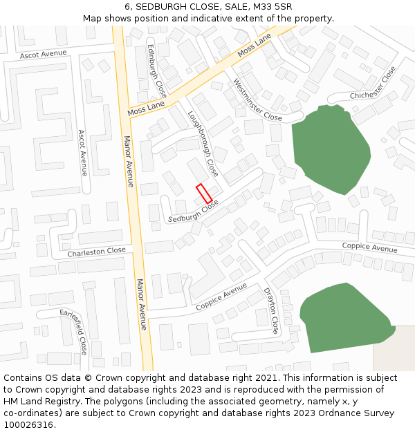 6, SEDBURGH CLOSE, SALE, M33 5SR: Location map and indicative extent of plot