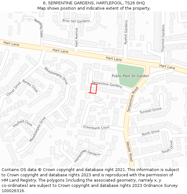 6, SERPENTINE GARDENS, HARTLEPOOL, TS26 0HQ: Location map and indicative extent of plot